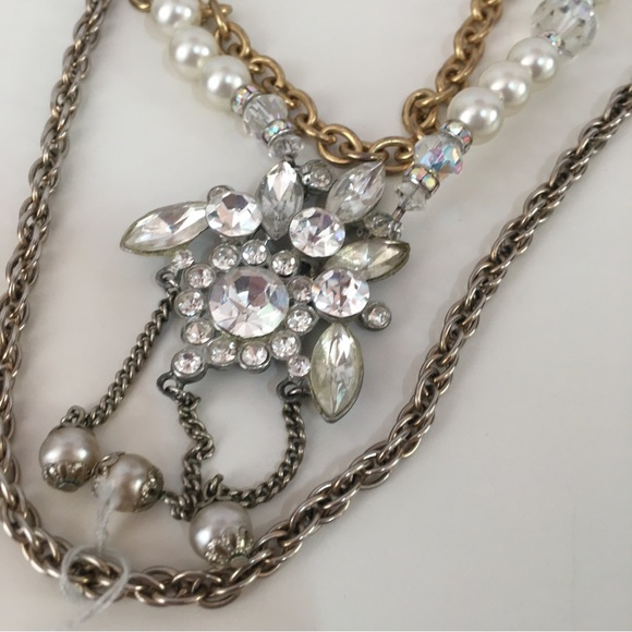 Vintage Antique Retro Gold Pearl Crystal Handmade Multi Layer Necklace upcycled - Picture 5 of 17